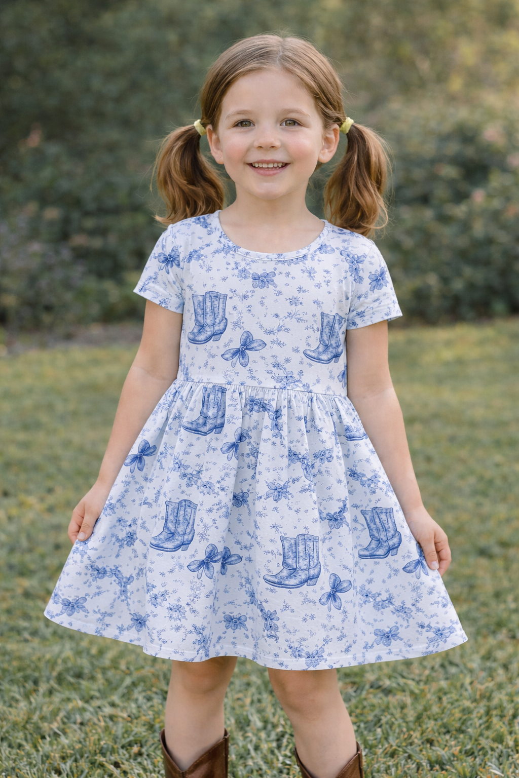 Blue floral boots bamboo twirl dress