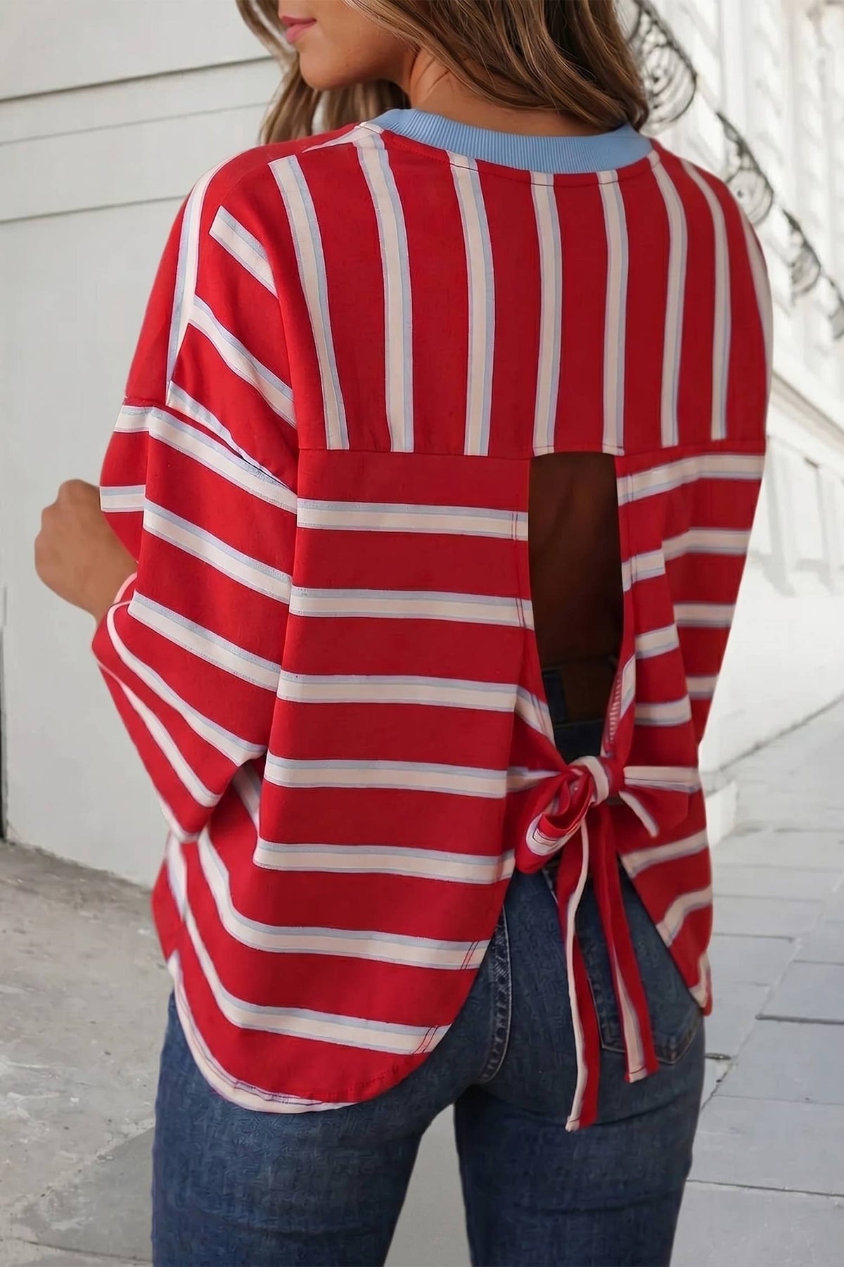 Bowknot open back Stripe boxy tee